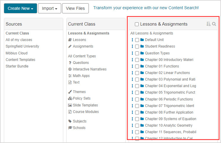 In the Content Repository with Current Class selected, units and activities from the Precalculus pack appear under the Lessons & Assignments pane.